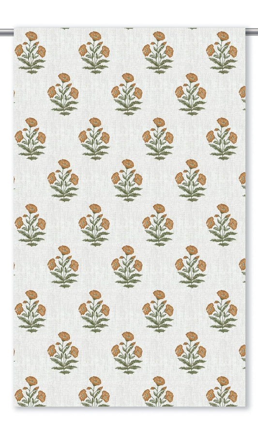 Floral Poppy Print Home Decor Fabric By the Yard (White/ Bronzy Orange)