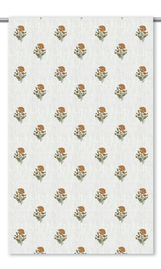 Floral Block Print Home Decor Fabric By the Yard (White/ Bronzy Orange)
