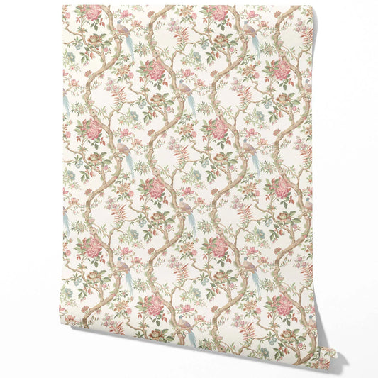 Floral/ Bird Print Chinoiserie Traditional Wallpaper (Pink/ Green/ Duck Egg Blue)