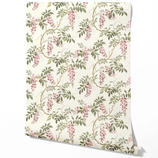 Floral Vine/ Botanical Patterned Traditional Wallpaper Sample (Cream/ Pink/ Green)