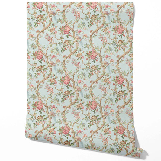 Floral/ Bird Print Chinoiserie Traditional Wallpaper Sample (Blue/ Coral Pink/ Green)