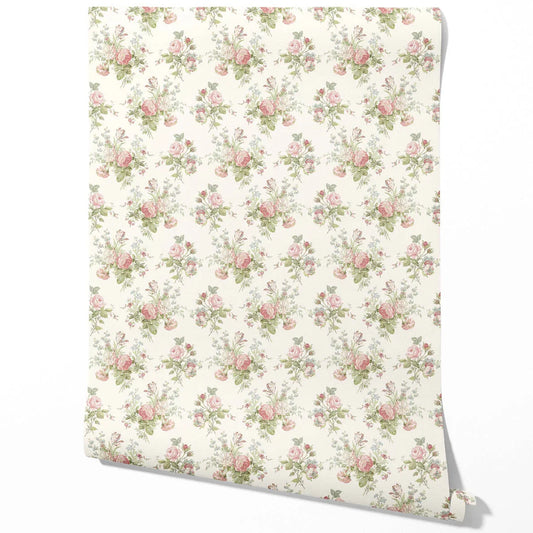 Patterned Floral Block Print Traditional Wallpaper Sample (Cream/ Soft Pink/ Green/ Blue)