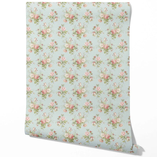 Patterned Floral Block Print Traditional Wallpaper Sample (Blue/ Pink/ Green)