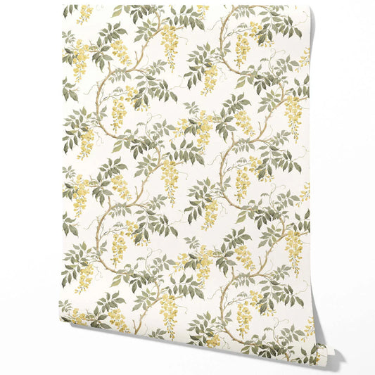 Floral Vine/ Botanical Patterned Traditional Wallpaper (Cream/ Yellow/ Green)