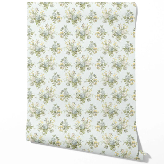 Patterned Floral Block Print Traditional Wallpaper Sample (Blue/ Green/ Yellow)