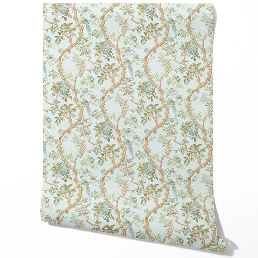 Floral/ Bird Print Chinoiserie Traditional Wallpaper Sample (Duck Egg Blue/ Green/ Brown)