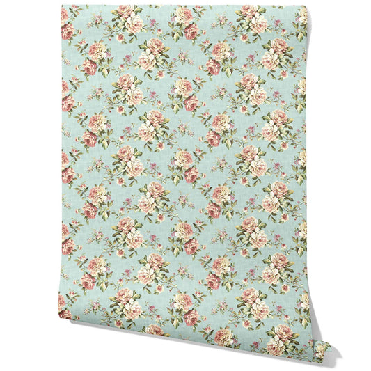 English Floral Patterned Traditional Wallpaper (Blue/ Pink/ Green)