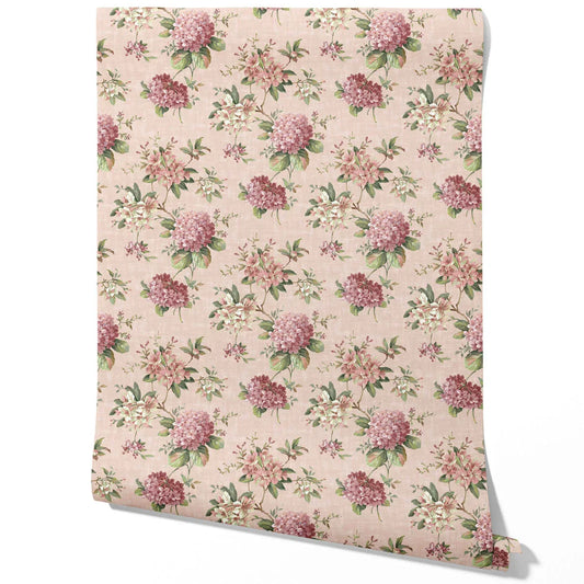 Modern Floral Block Print Traditional Wallpaper Sample (Pink/ Green)