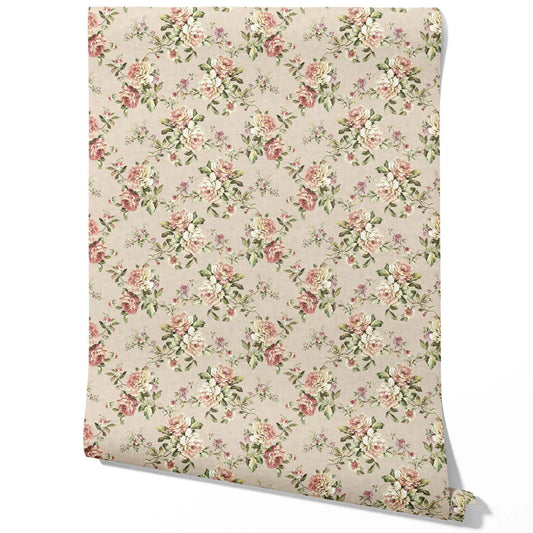 English Floral Patterned Traditional Wallpaper (Beige/ Warm Grey/ Pink/ Green)