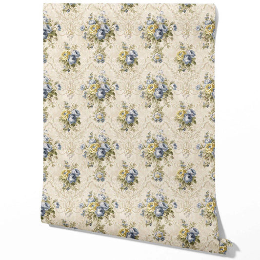 Floral Damask Patterned Traditional Wallpaper Sample (Beige/ Blue/ Yellow/ Green/ Taupe)