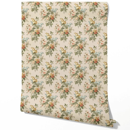 English Floral Print Traditional Wallpaper (Beige/ Green/ Orange/ Yellow)