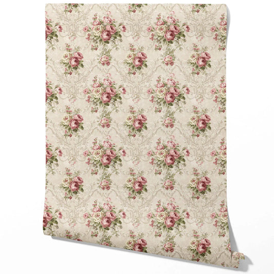 Floral Damask Patterned Traditional Wallpaper (Beige/ Pink/ Green)