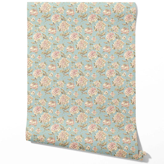 Chinoiserie/ English Floral Traditional Wallpaper Sample (Blue/ Cream/ Beige/ Pink/ Green)