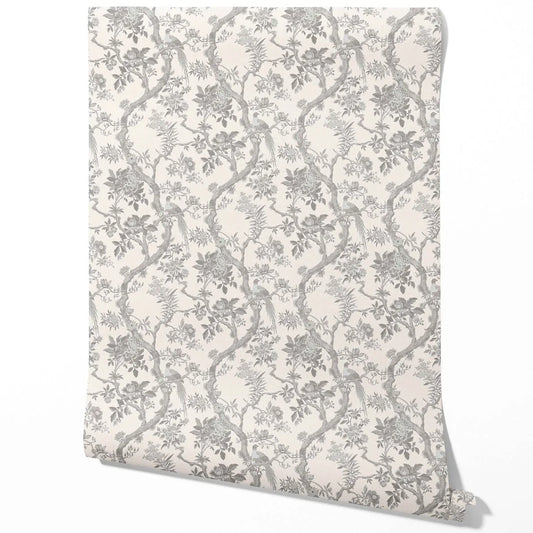 Floral Toile/ Bird Print Chinoiserie Traditional Wallpaper Sample (Dove Grey/ Off-White)