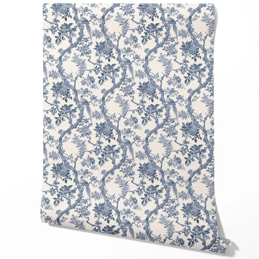 Floral Toile/ Bird Print Chinoiserie Traditional Wallpaper (Navy Blue/ Off-White)