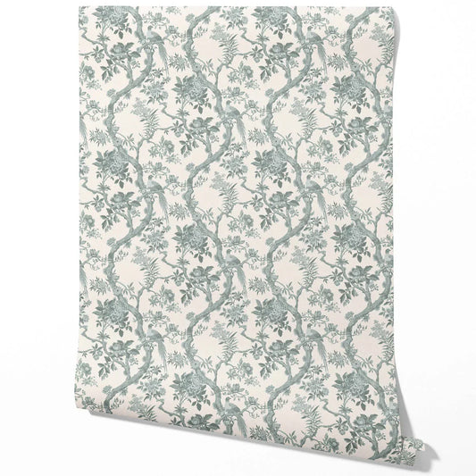 Floral Toile/ Bird Print Chinoiserie Traditional Wallpaper Sample (Grey-Green)