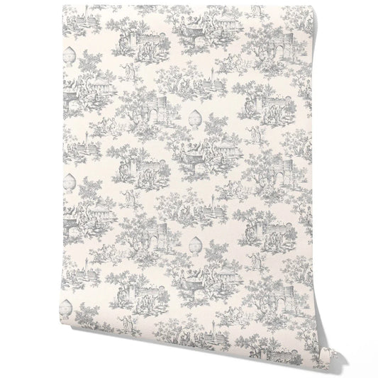 Toile de Jouy/ Nature Print Traditional Wallpaper (Dove Gray/ Off-White)