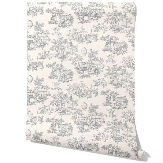 Toile de Jouy/ Nature Print Traditional Wallpaper Sample (Dove Gray/ Off-White)
