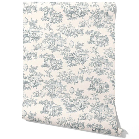 Toile de Jouy/ Nature Print Traditional Wallpaper Sample (Blue/ Gray/ Off-White)