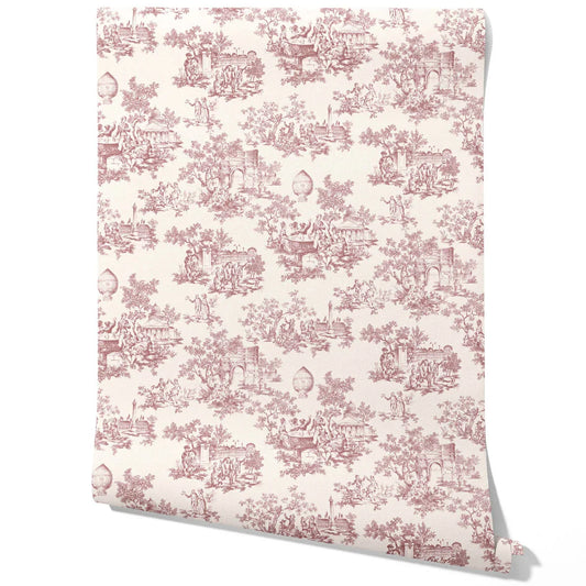 Toile de Jouy/ Nature Print Traditional Wallpaper Sample (Pink/ Off-White)