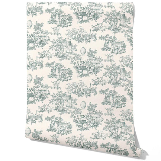 Toile de Jouy/ Nature Print Traditional Wallpaper Sample (Duck Egg Blue/ Off-White)