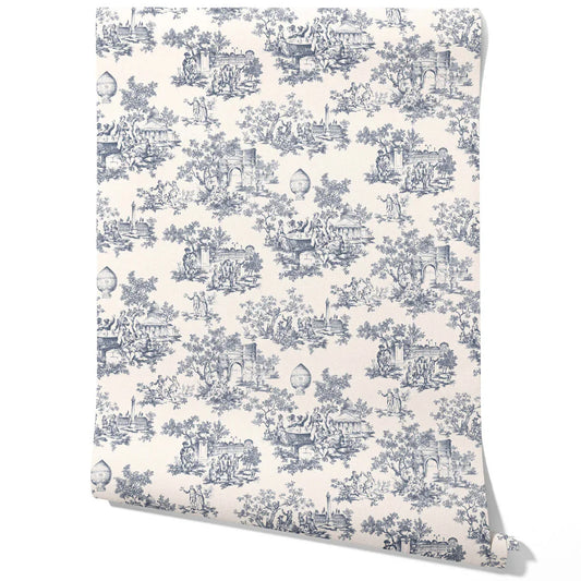 Toile de Jouy/ Nature Print Traditional Wallpaper Sample (Navy Blue/ Off-White)