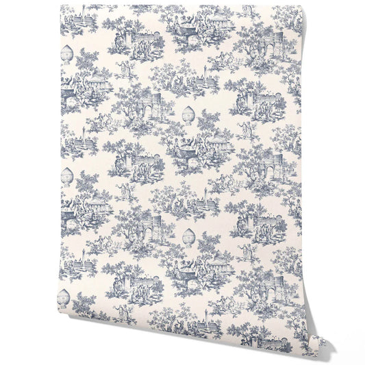 Toile de Jouy/ Nature Print Traditional Wallpaper Sample (Navy Blue/ Off-White)