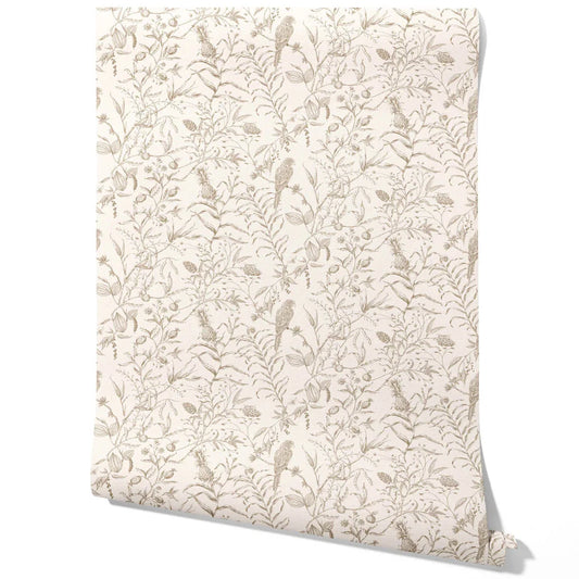Birds Print/ Botanical Traditional Wallpaper Sample Beige/ Brown/ Warm Gray