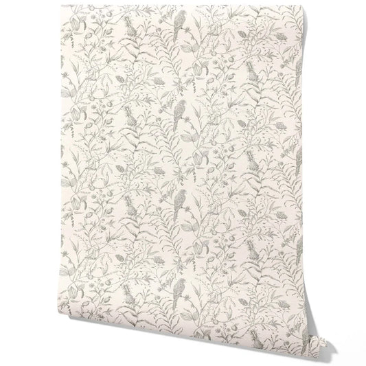 Birds Print/ Botanical Traditional Wallpaper Sample (Gray/ Off-White)