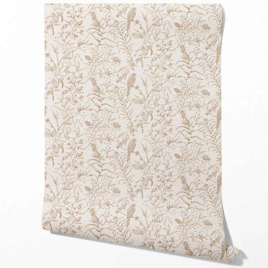 Birds Print/ Botanical Traditional Wallpaper (Beige/ Brown/ Warm Gray)