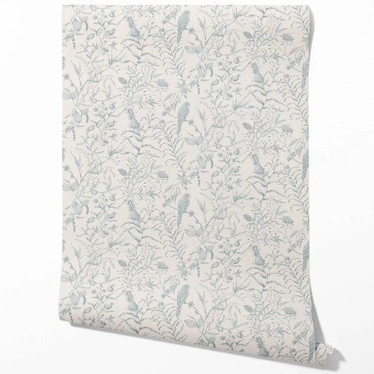 Birds Print/ Botanical Traditional Wallpaper Sample (Duck Egg Blue/ Off-White)