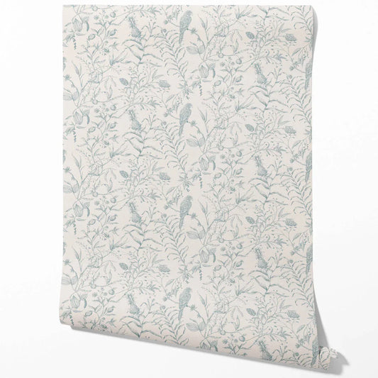 Birds Print/ Botanical Traditional Wallpaper (Duck Egg Blue/ Off-White)