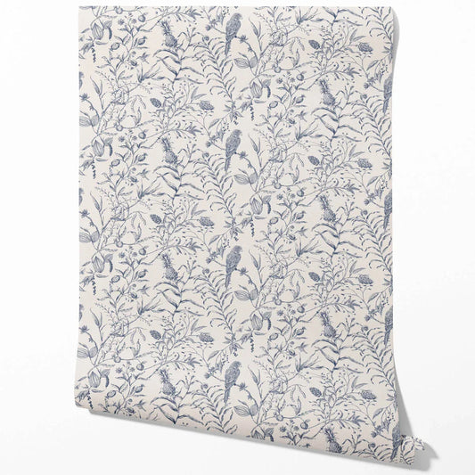 Birds Print/ Botanical Traditional Wallpaper Sample (Navy Blue)