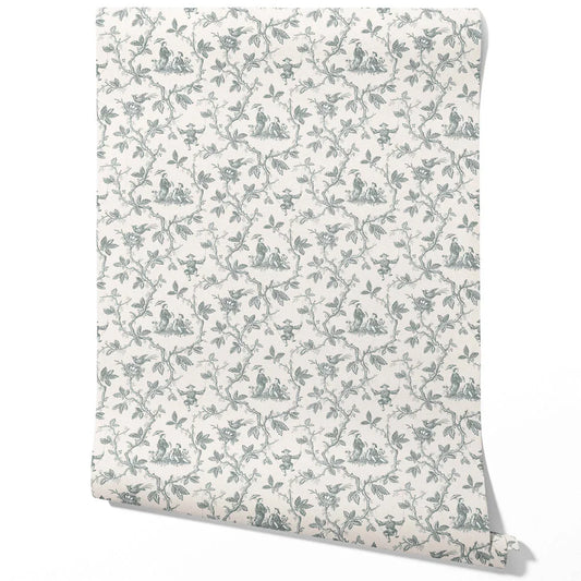 Floral Toile de Jouy Traditional Wallpaper (Blue-Gray/ Off-White)