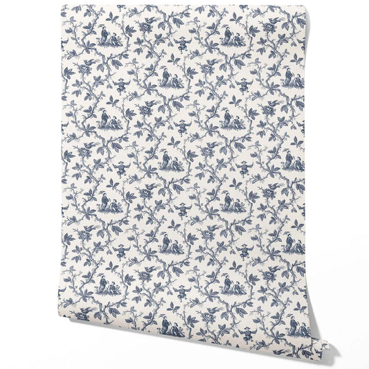 Floral Toile de Jouy Traditional Wallpaper Sample (Navy Blue/ Off-White)