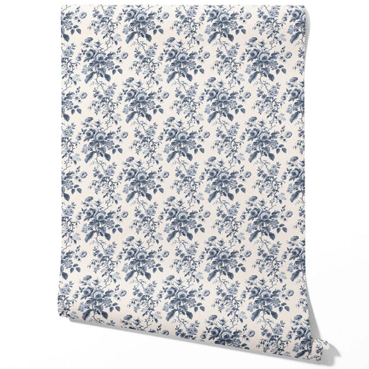Vintage-Inspired Floral Toile/ Botanical Traditional Wallpaper Sample (Vintage Blue/ Slate Blue)