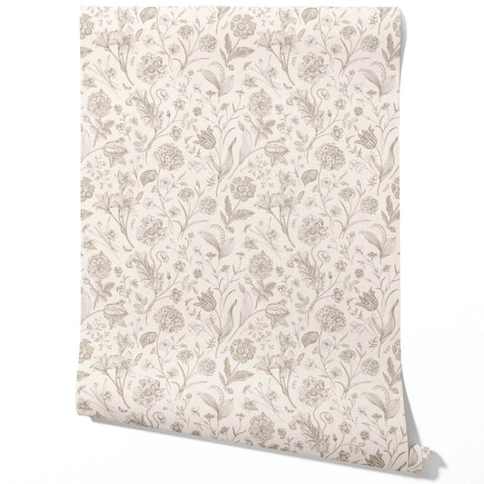 Neutral Floral/ Botanical Traditional Wallpaper Sample (Beige/ Soft Taupe)