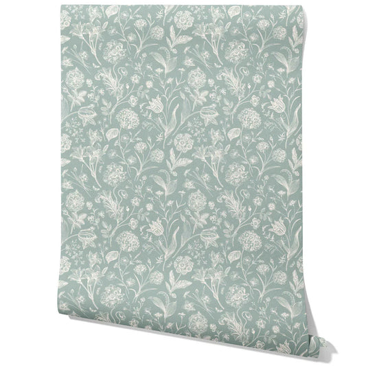 Floral/ Botanical Traditional Wallpaper Sample (Cadet Blue/ Mint Gray/ Cream)