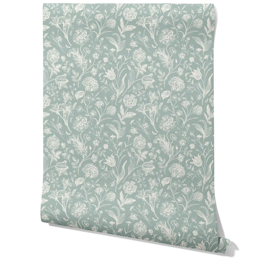 Floral/ Botanical Traditional Wallpaper Sample (Cadet Blue/ Mint Gray/ Cream)