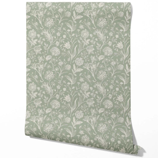 Floral/ Botanical Traditional Wallpaper Sample (Sage Green)