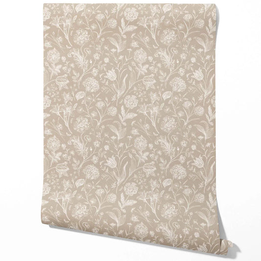 Neutral Floral/ Botanical Traditional Wallpaper Sample (Beige/ Brown/ Cream)