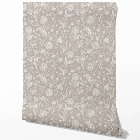 Neutral Floral/ Botanical Traditional Wallpaper Sample (Greige/ Warm Gray/ Taupe)