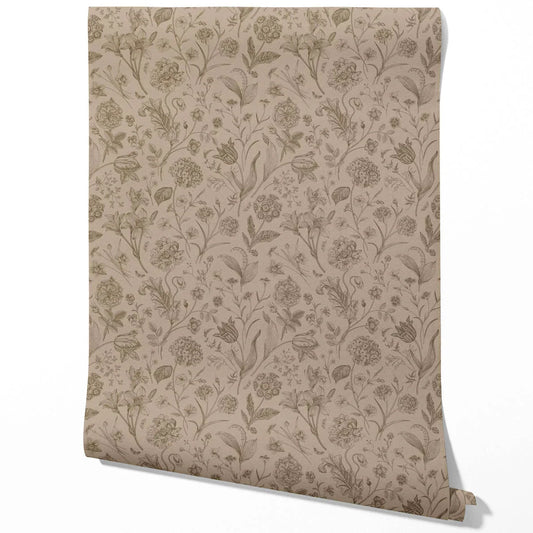 Neutral Floral/ Botanical Traditional Wallpaper (Brown/ Beige/ Tan)