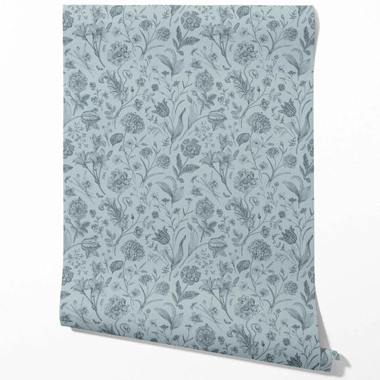 Floral/ Botanical Traditional Wallpaper Sample (Slate Blue/ Gray)
