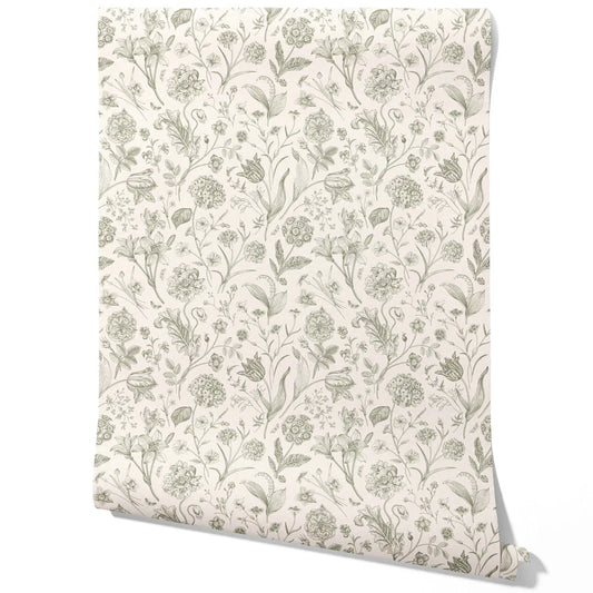 Floral/ Botanical Traditional Wallpaper Sample (Olive Green)
