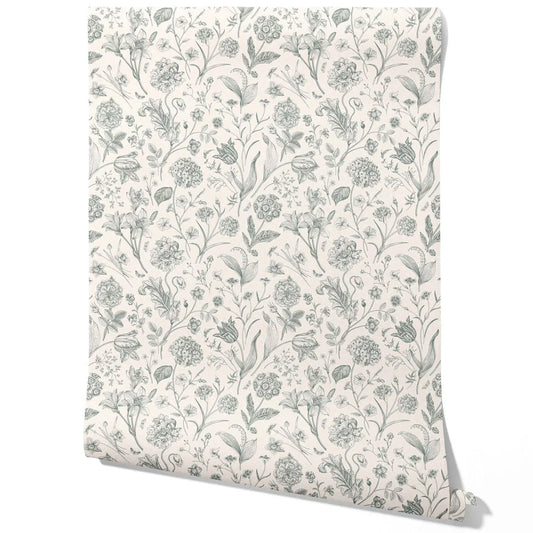 Floral/ Botanical Traditional Wallpaper Sample (Teal Green)