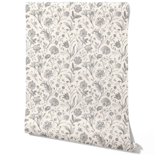 Neutral Floral/ Botanical Traditional Wallpaper Sample (Metallic Gray)