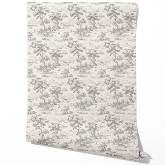 Floral Toile de Jouy Nature Print Traditional Wallpaper (Silver Gray)