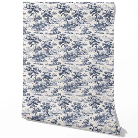 Floral Toile de Jouy Nature Print Traditional Wallpaper Sample (Navy Blue)