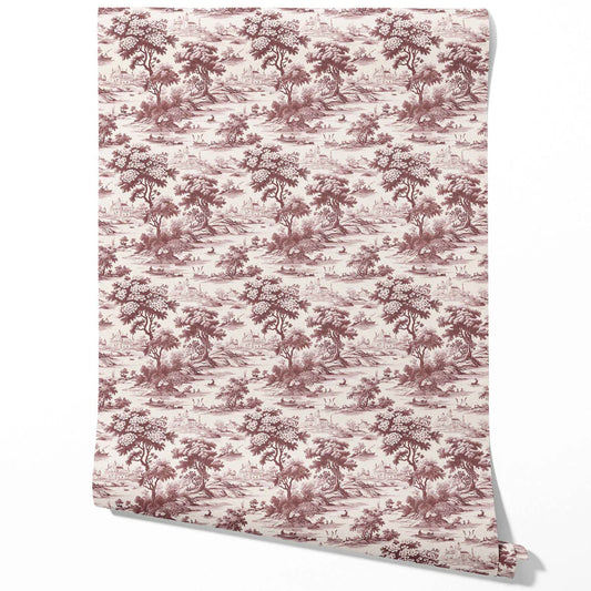 Floral Toile de Jouy Nature Print Traditional Wallpaper Sample (Maroon Red/ Deep Pink)